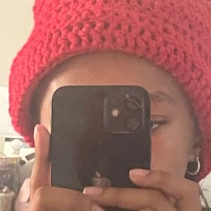Solid red crochet cat ear beanie